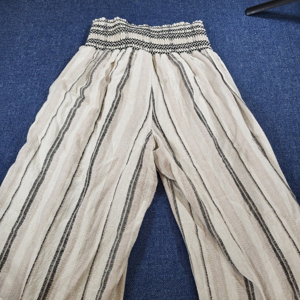 Rewash Womens XS Linen Blend Wide Leg Smocked Waist Striped Pants Beige Black - Picture 7 of 7